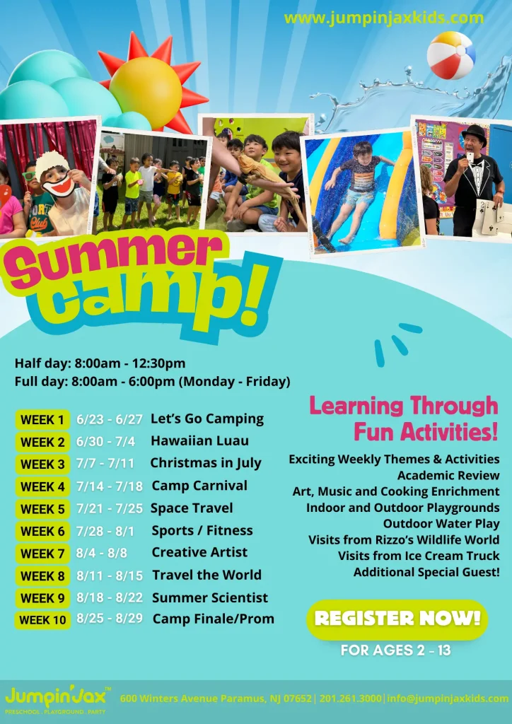 Colourful banner with children playing outdoors, text “Summer Camp 2025